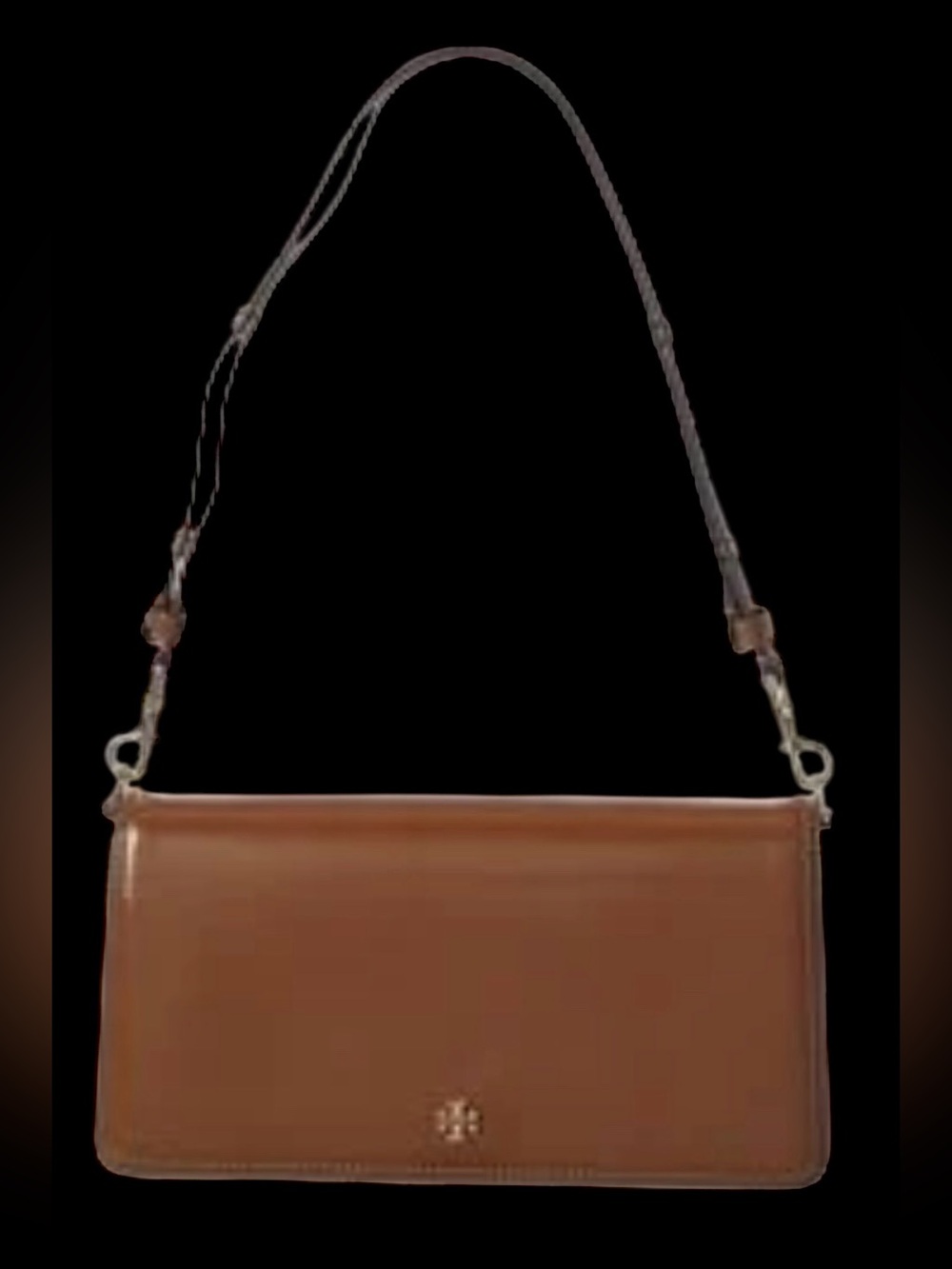 Tory Burch Chocolate Brown Smooth Patent Leather Shoulder Clutch with Gold Logo